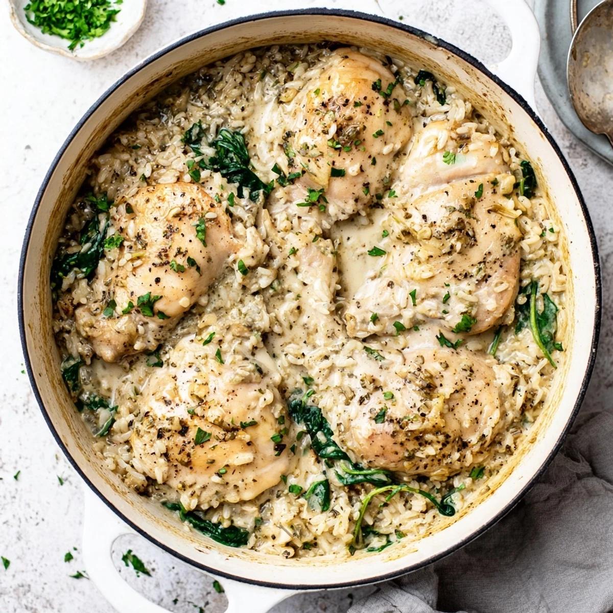 Creamy one pot angel chicken rice bake with juicy chicken breasts and tender rice in savory sauce