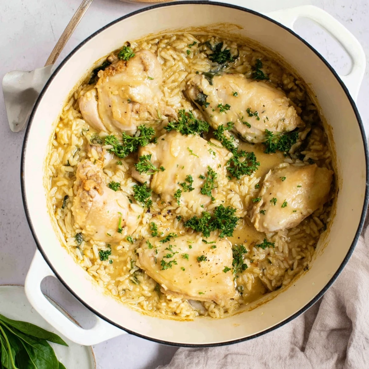 Comforting angel chicken rice bake featuring tender poultry in rich creamy sauce with fresh parsley garnish