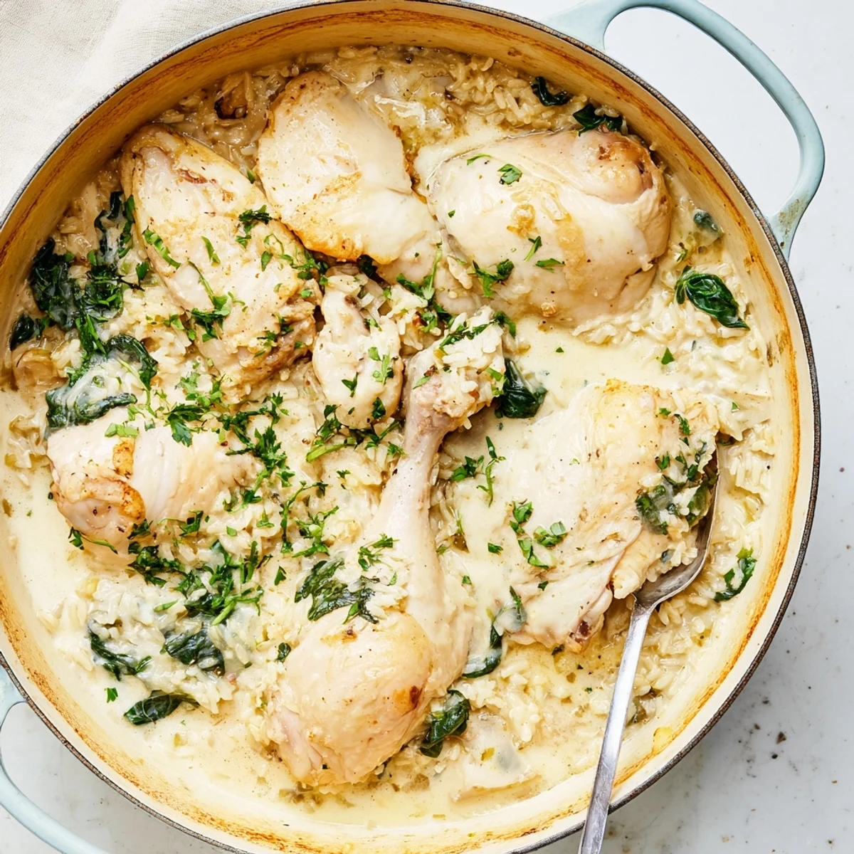Golden brown chicken atop cheesy rice casserole baked in single pot for easy weeknight dinner
