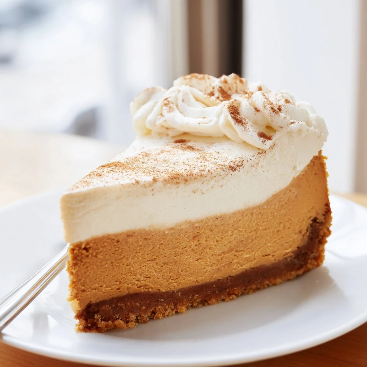 Pumpkin spice Christmas cheesecake with whipped cream topping on graham cracker crust