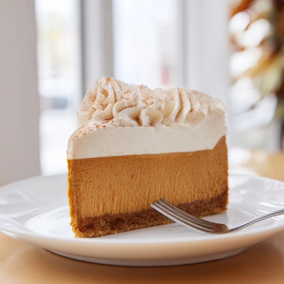 Festive pumpkin spice Christmas cheesecake topped with vanilla whipped cream and cinnamon garnish