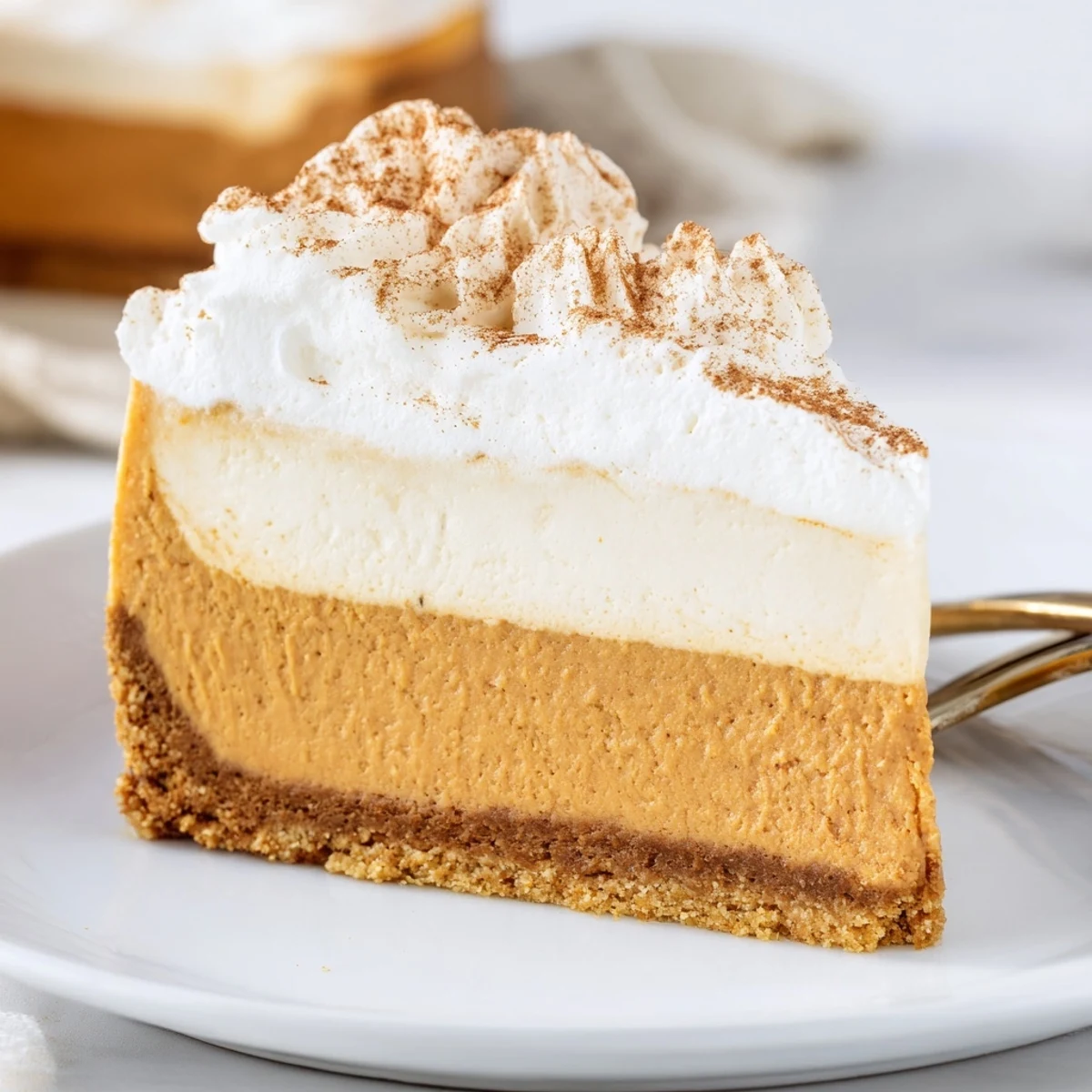 Slice of creamy pumpkin spice cheesecake dusted with cinnamon for holiday dessert table