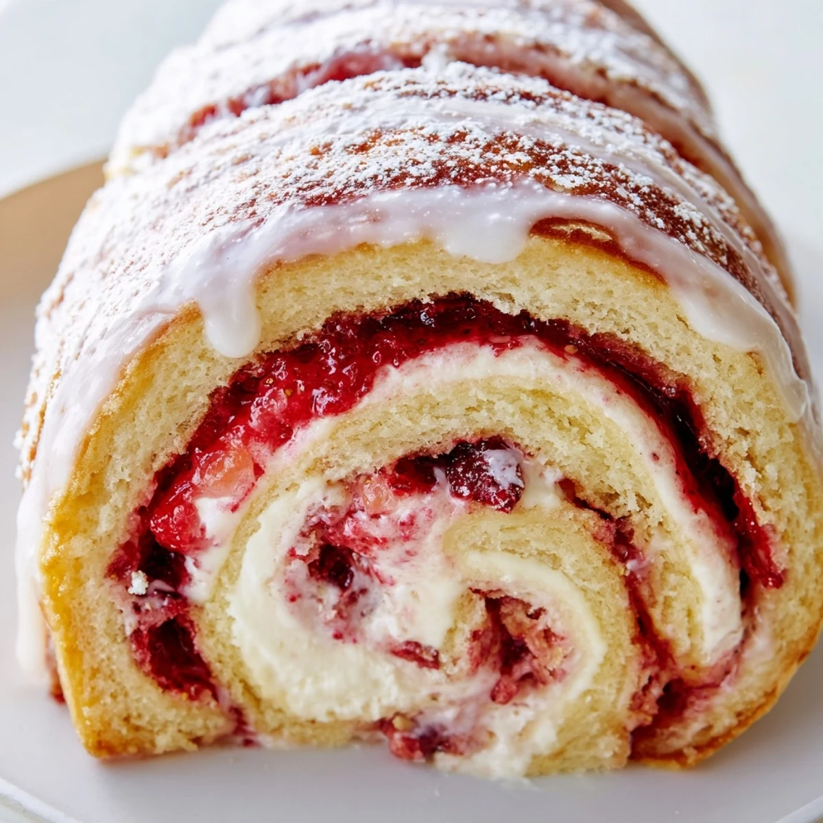 Golden strawberry shortcake cheesecake rolls drizzled with sweet vanilla glaze on a white plate