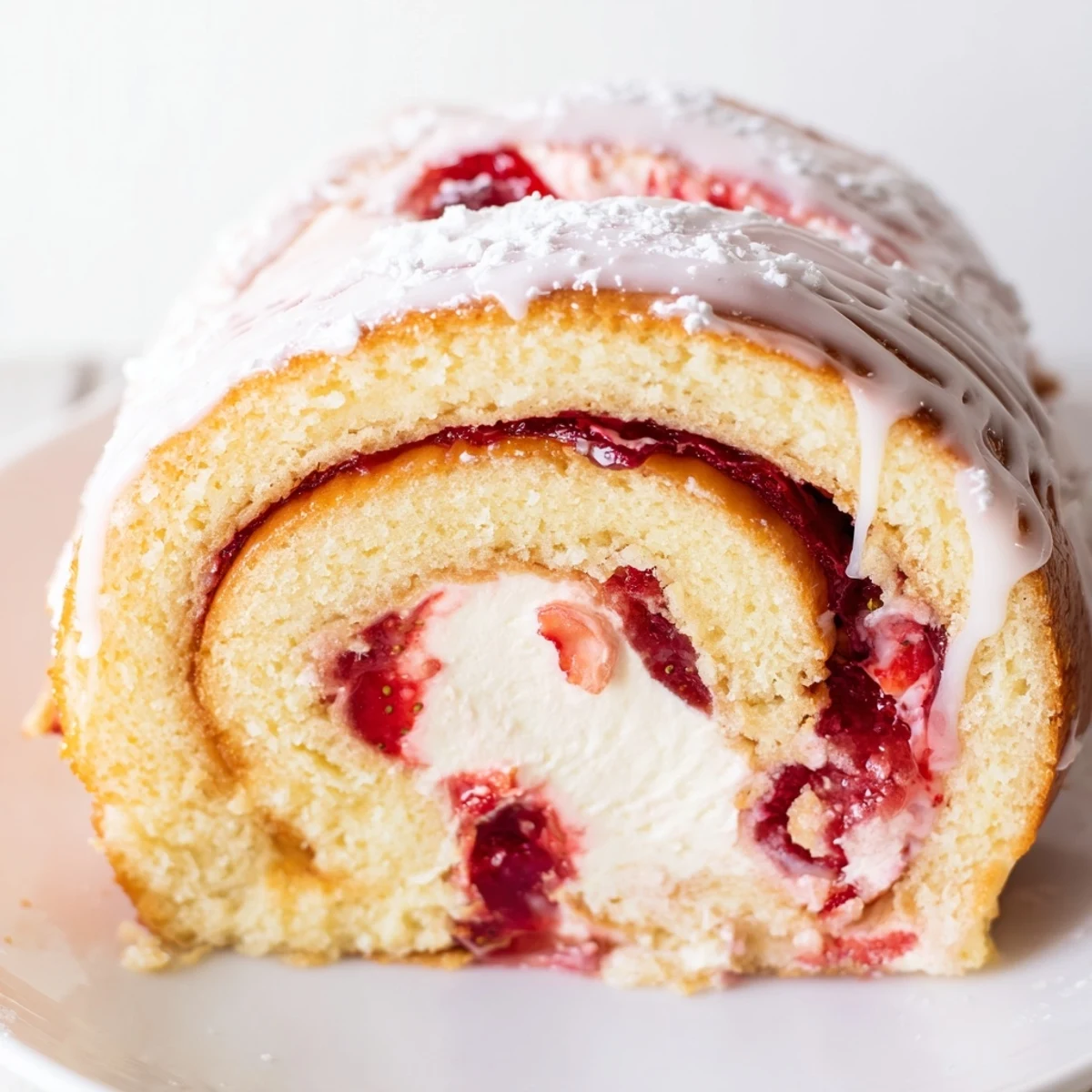 Soft baked rolls swirled with creamy cheesecake filling and bright red fresh strawberry chunks