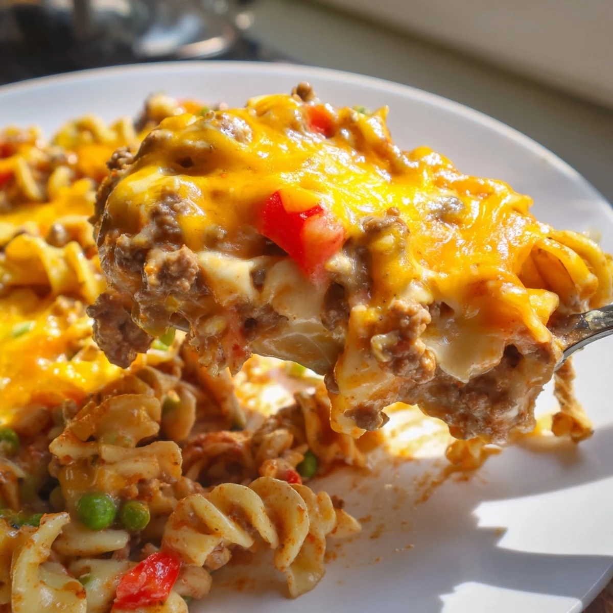 Golden bubbly cheesy beef and noodle casserole fresh from the oven with melted cheddar topping