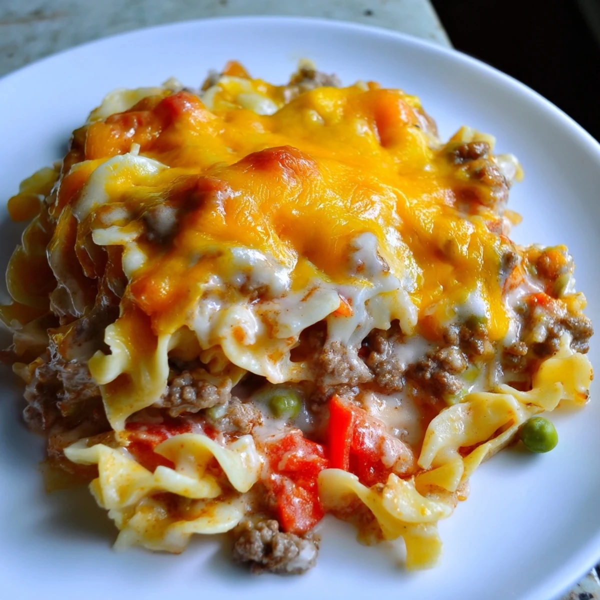 Creamy cheesy beef and noodle casserole with tender egg noodles in a rich beef sauce