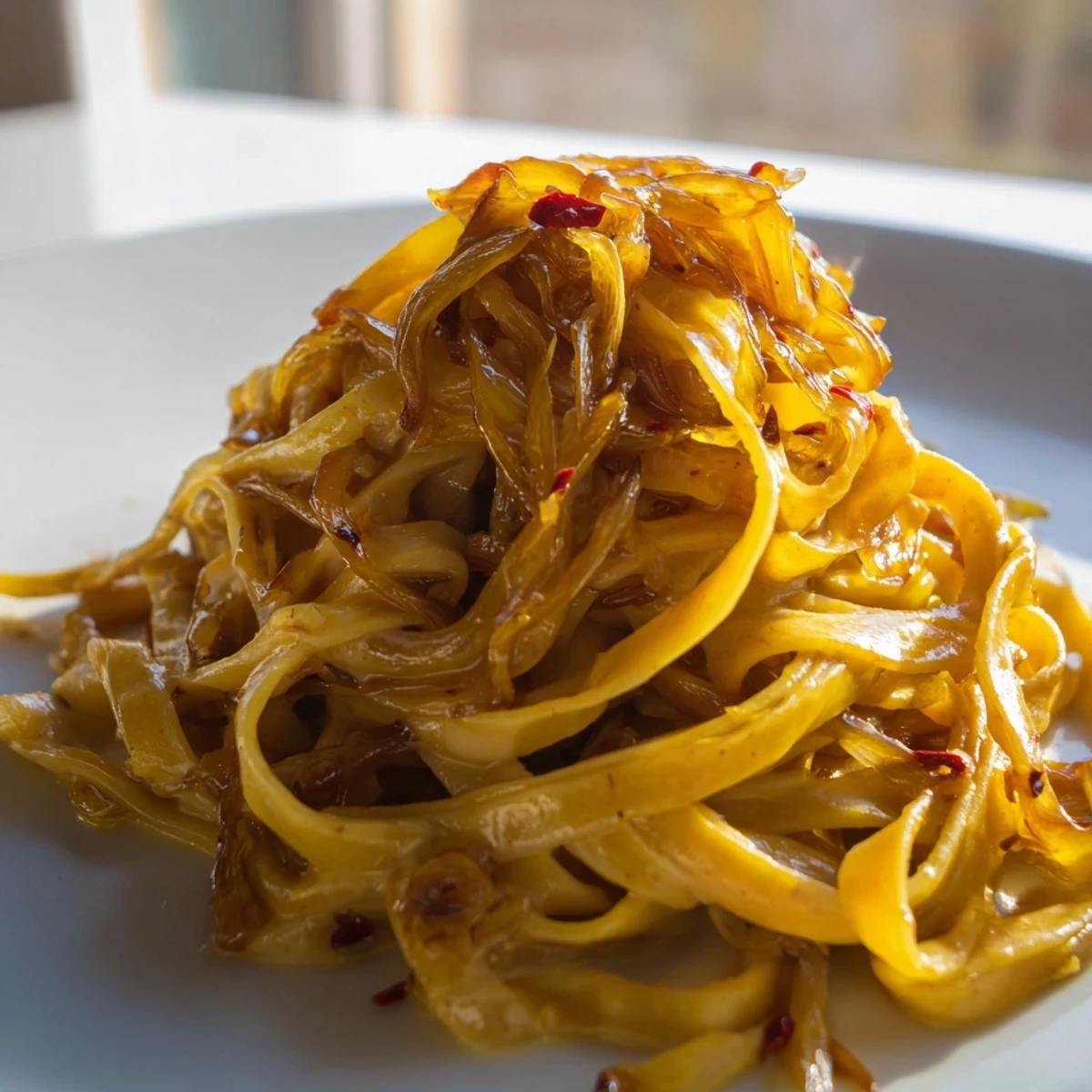Golden caramelized onion fettuccine tossed in creamy sweet heat sauce with fresh parsley garnish