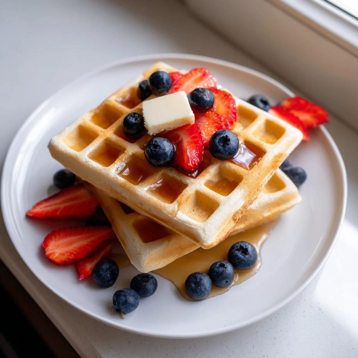 Golden brown Greek Yogurt Waffles stacked on a plate with maple syrup drizzling down the crispy edges.