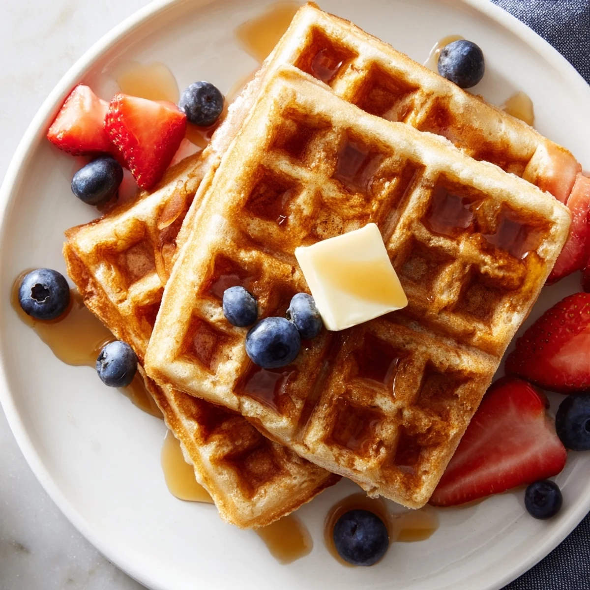 Light and fluffy Greek Yogurt Waffles topped with fresh berries and a pat of melting butter.
