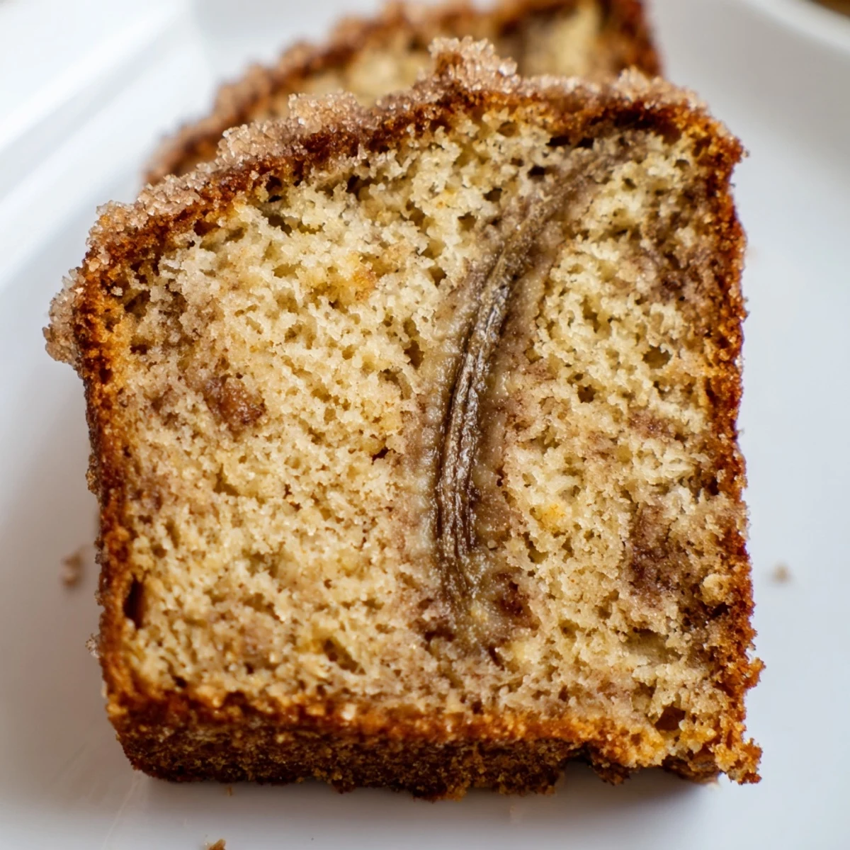 Golden Cinnamon Sugar Swirl Banana Bread sliced thick on a wooden cutting board