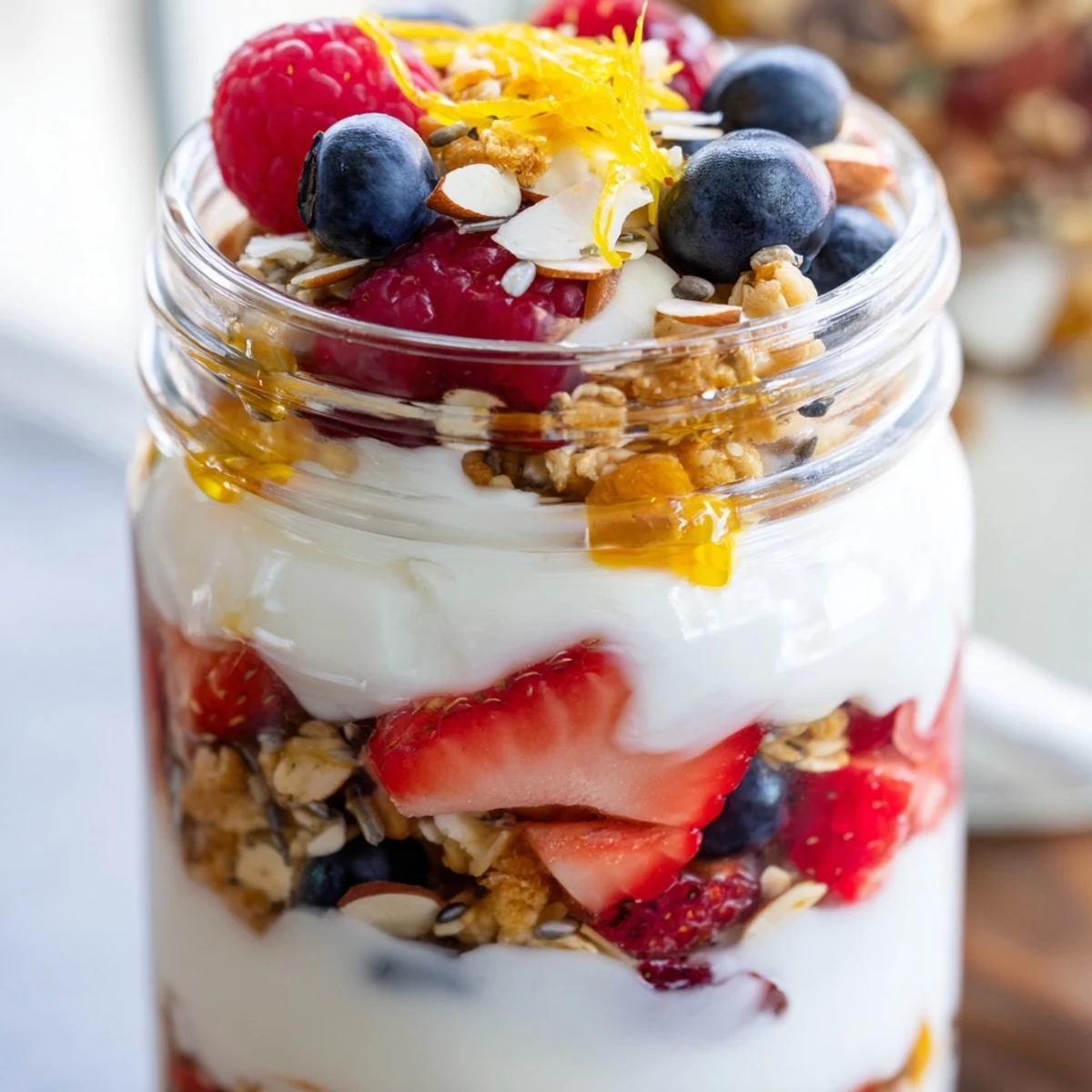 Creamy Greek yogurt parfait with layered fresh berries and golden crunchy granola in glass