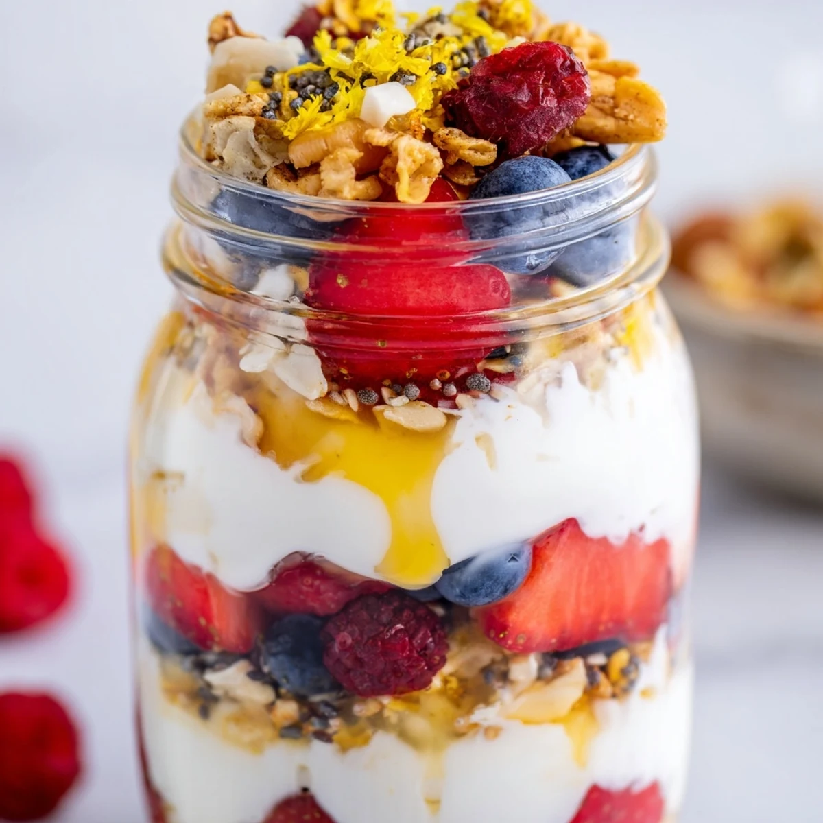Greek yogurt parfait topped with vibrant mixed berries and honey drizzle served chilled