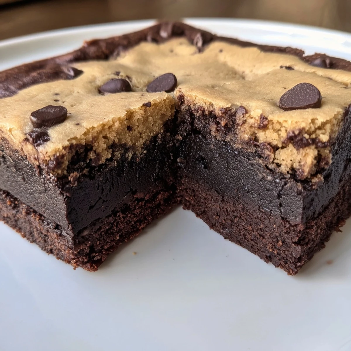 Golden vegan brookies with fudgy brownie bottom and chewy chocolate chip cookie topping on rustic plate