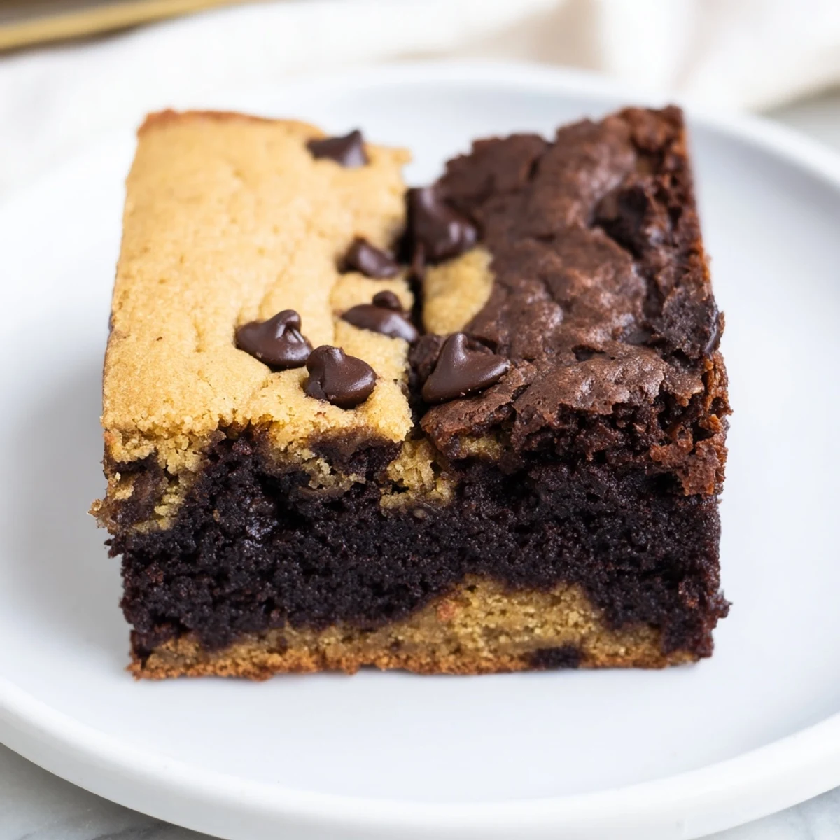 Double layer vegan brookies sliced into squares showcasing rich chocolate brownie and cookie layers