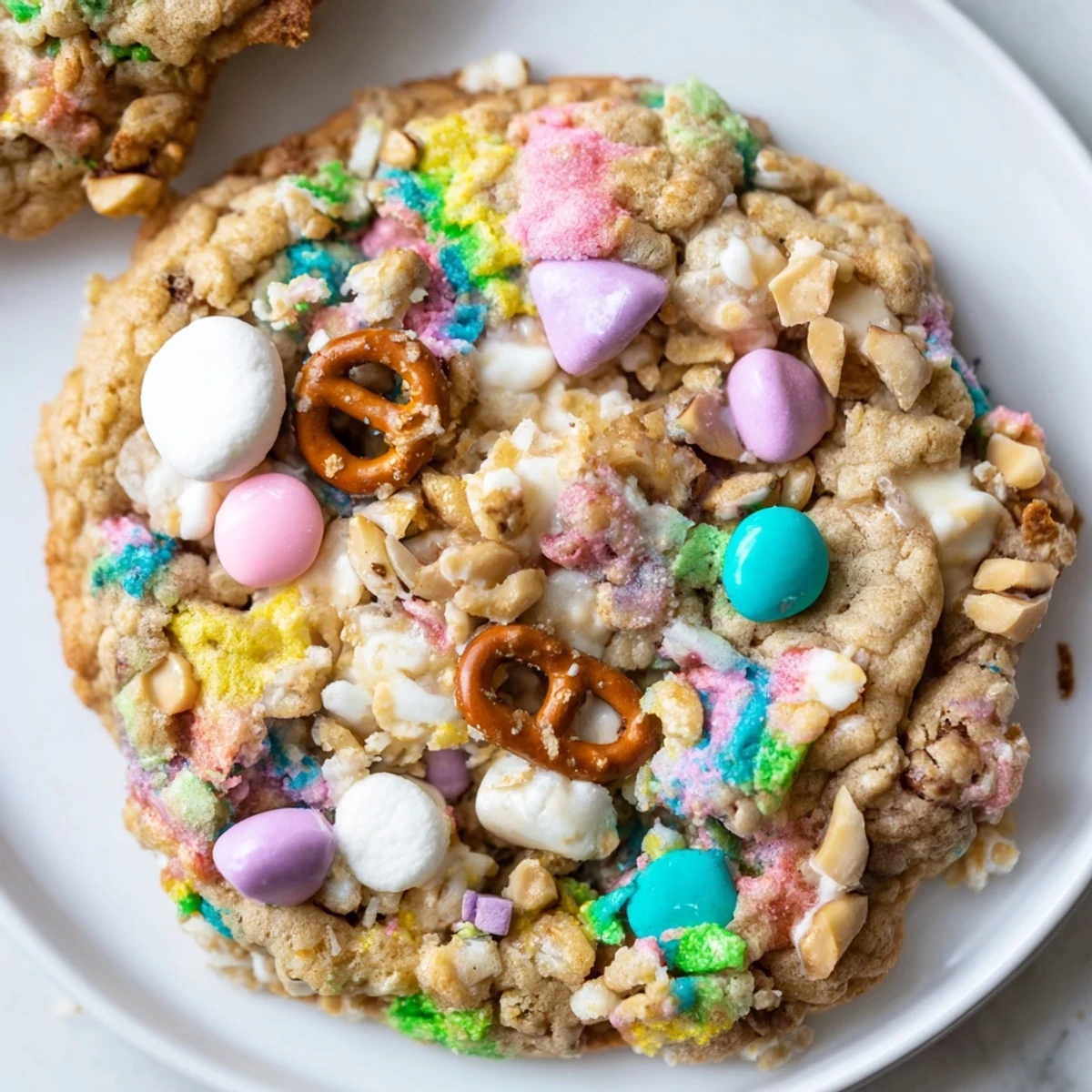 Colorful Easter Trash Cookies studded with pastel candies, pretzels, and sprinkles on a baking sheet