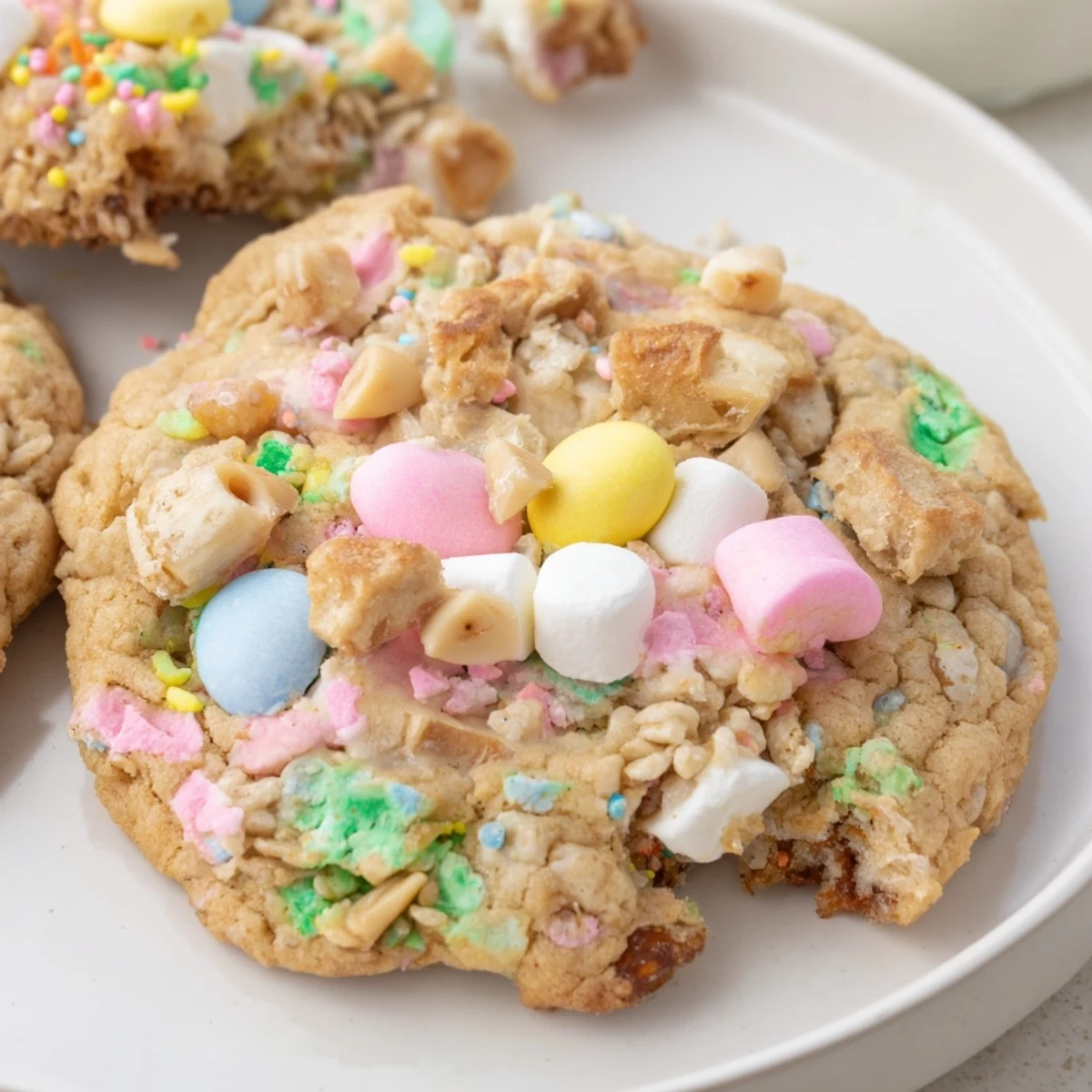 Chewy Easter Trash Cookies loaded with marshmallows, white chocolate chips, and crispy cereal bits