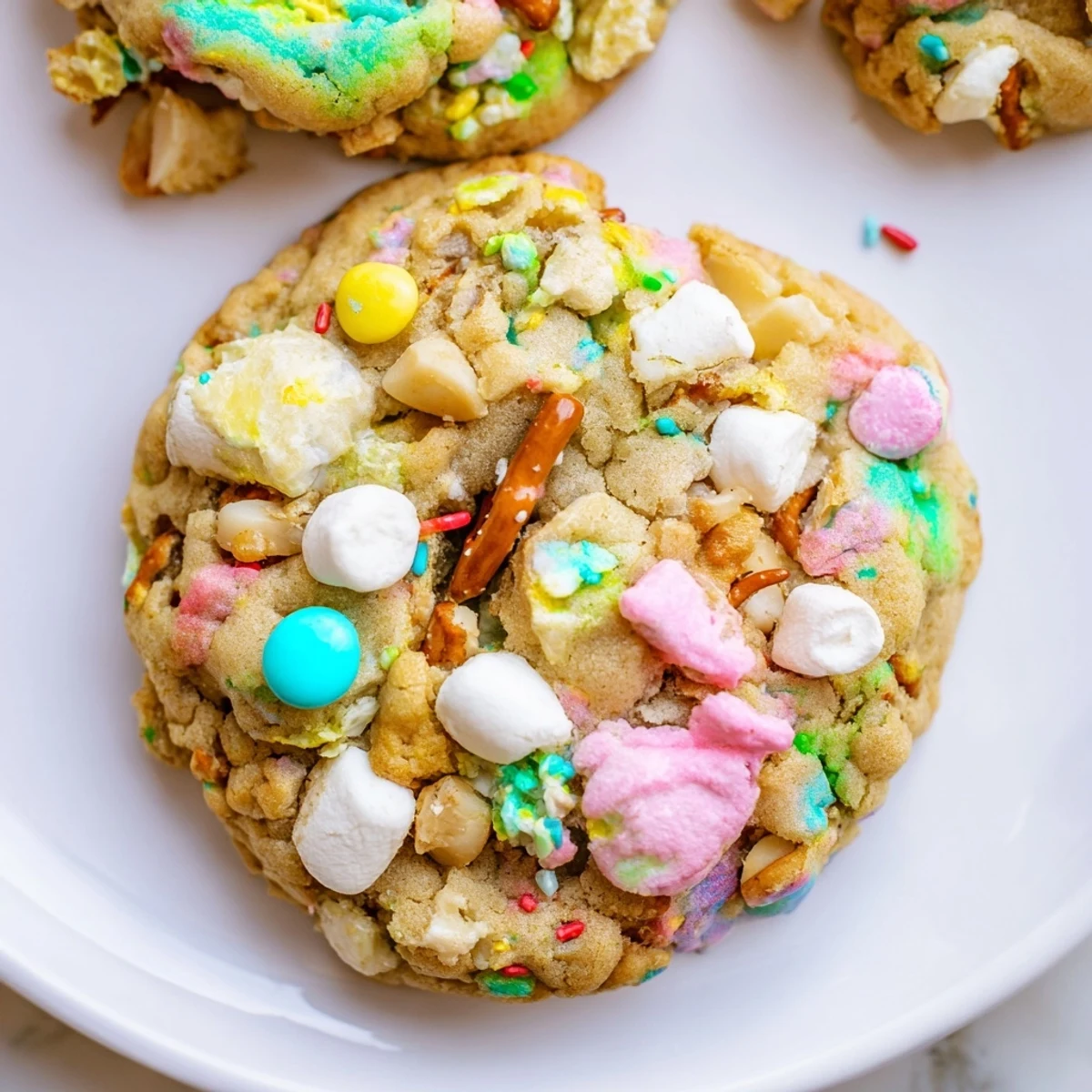 Golden-baked Easter Trash Cookies bursting with candy-coated chocolates and broken mini pretzels, freshly baked