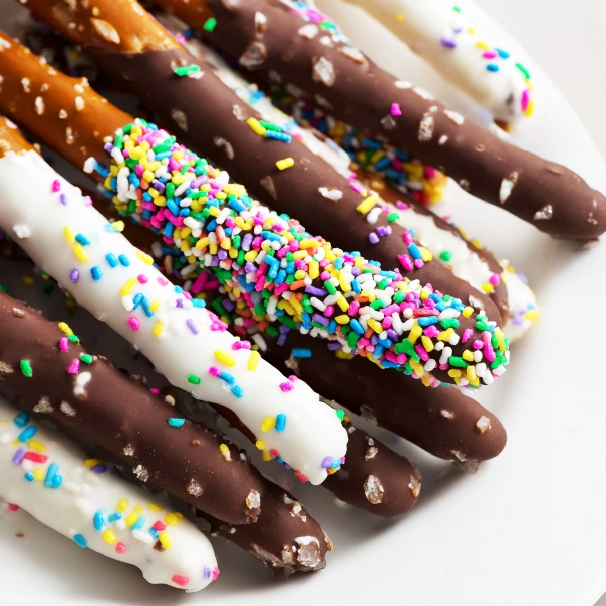 Chocolate covered pretzels for Easter topped with colorful pastel sprinkles on a white serving platter