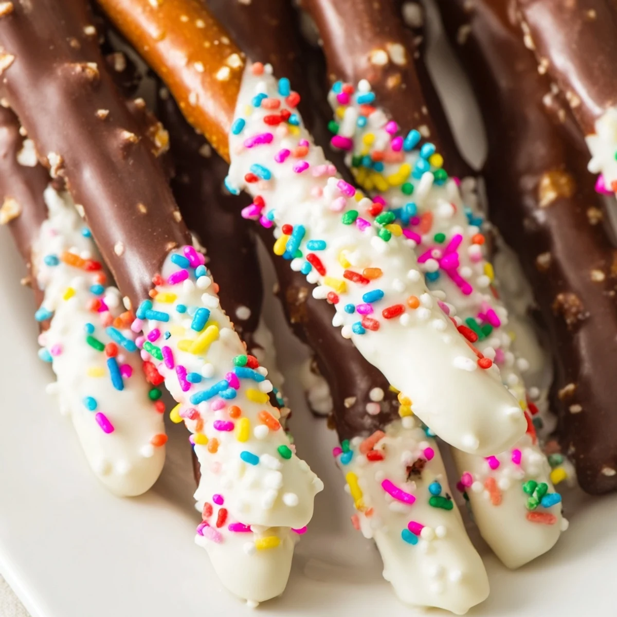 Golden pretzel rods dipped in rich chocolate and decorated with festive Easter candy sprinkles