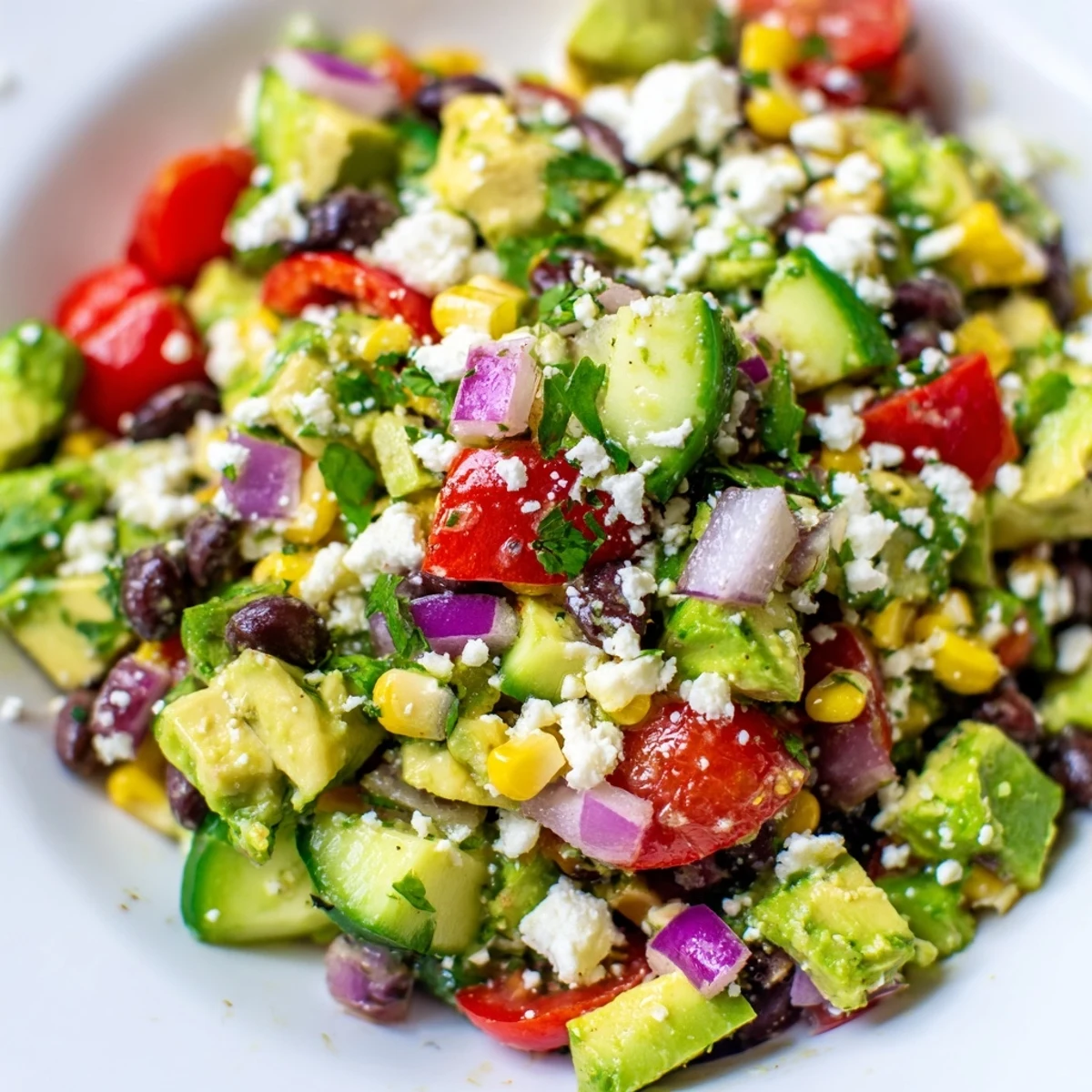 Mexican chopped salad topped with crumbled cotija cheese and drizzled with zesty lime dressing