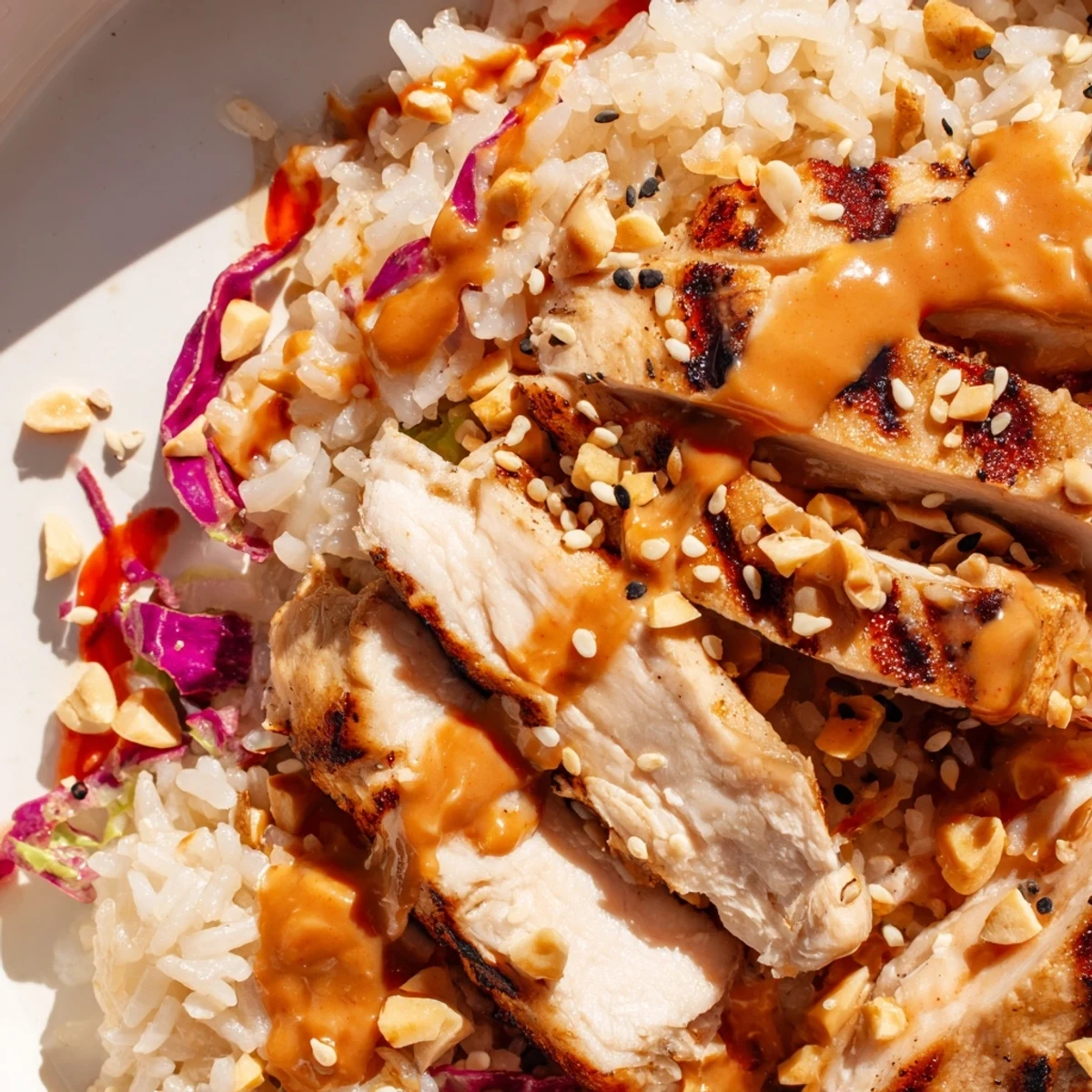 Golden crispy rice and sliced chicken topped with creamy spicy Bang Bang Chicken salad dressing