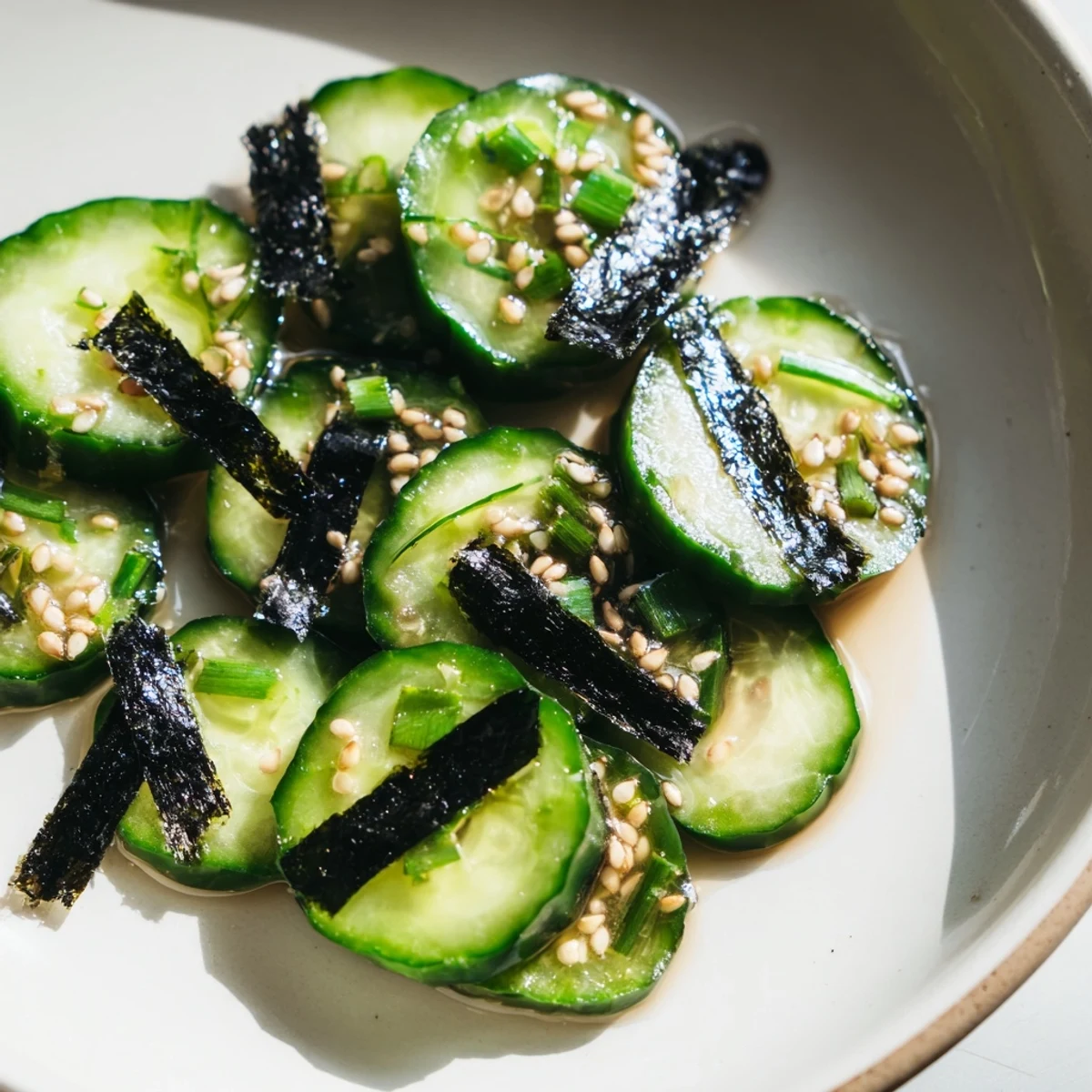 Crisp sushi cucumber salad with sesame dressing, nori strips, and fresh green onions