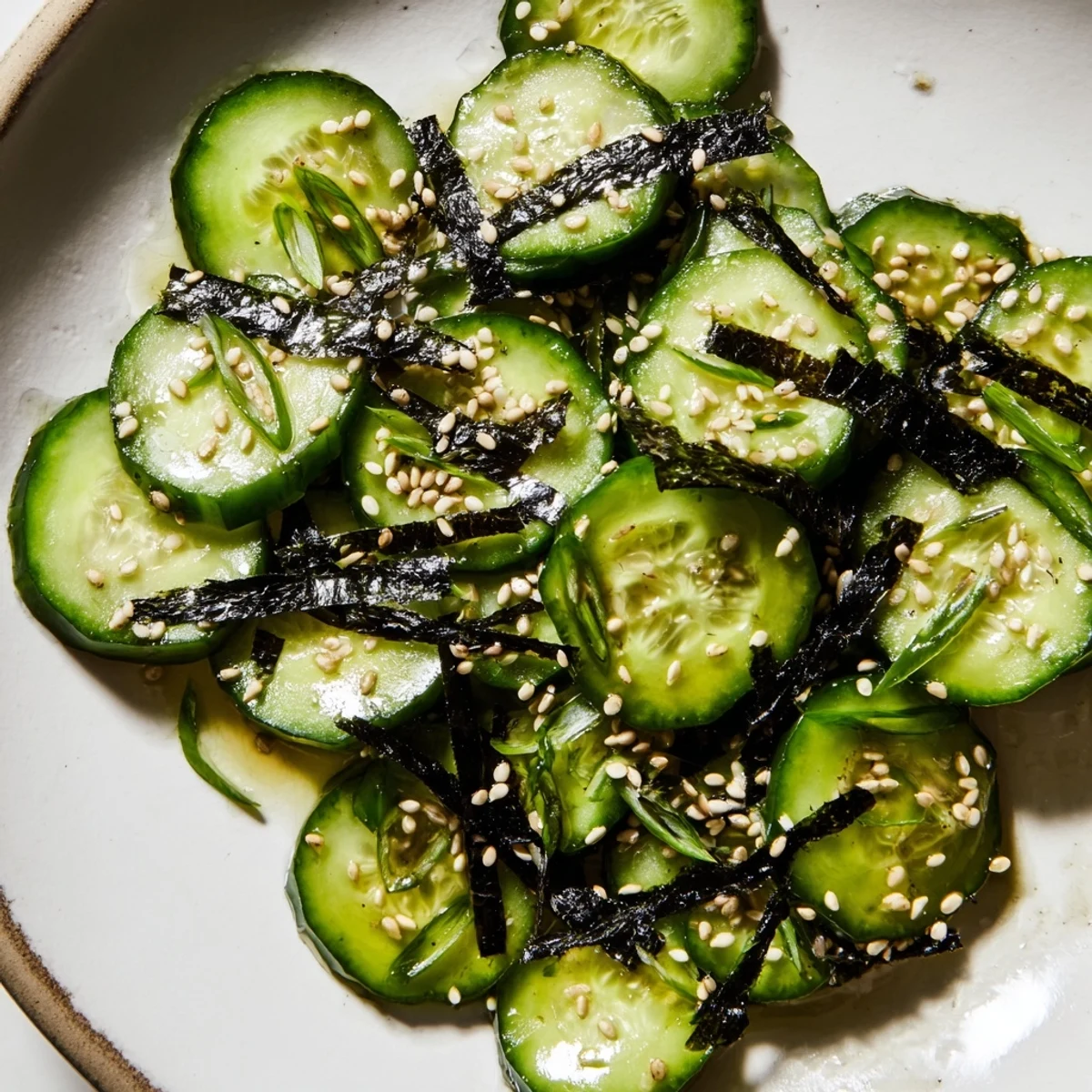 Thinly sliced cucumbers in tangy rice vinegar dressing topped with toasted sesame seeds and nori