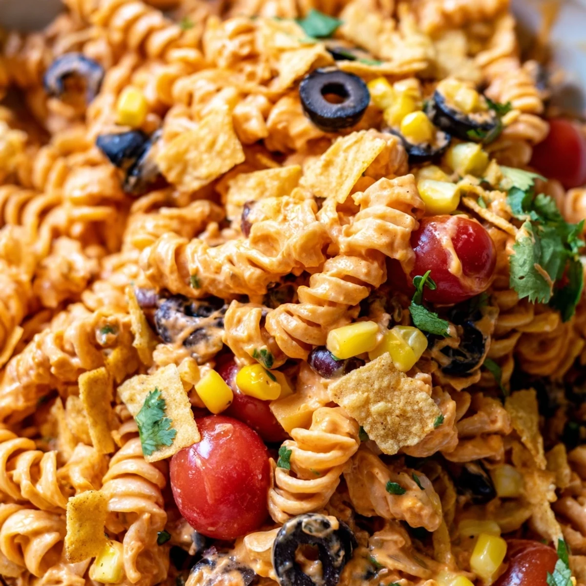 Creamy Taco Pasta Salad topped with crushed tortilla chips and shredded cheddar cheese
