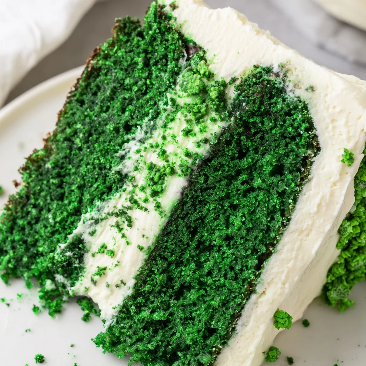 Vibrant emerald Green Velvet Cake sliced to reveal moist cocoa-infused crumb and tangy cream cheese frosting