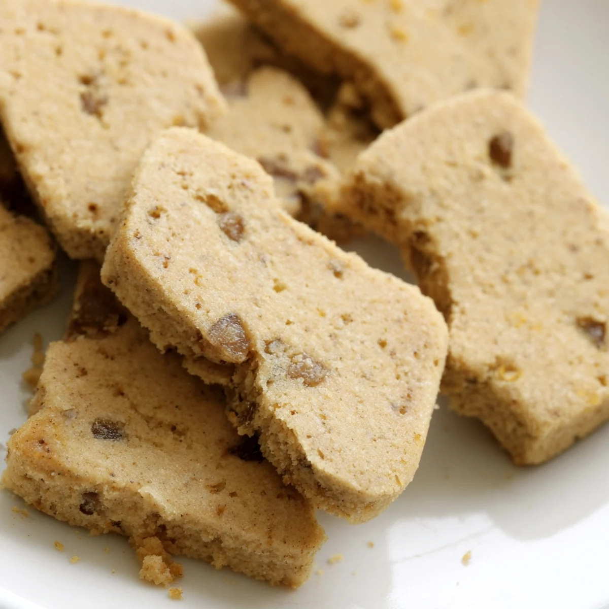 Crumbly espresso shortbread cookies with toffee chunks arranged on a rustic baking sheet