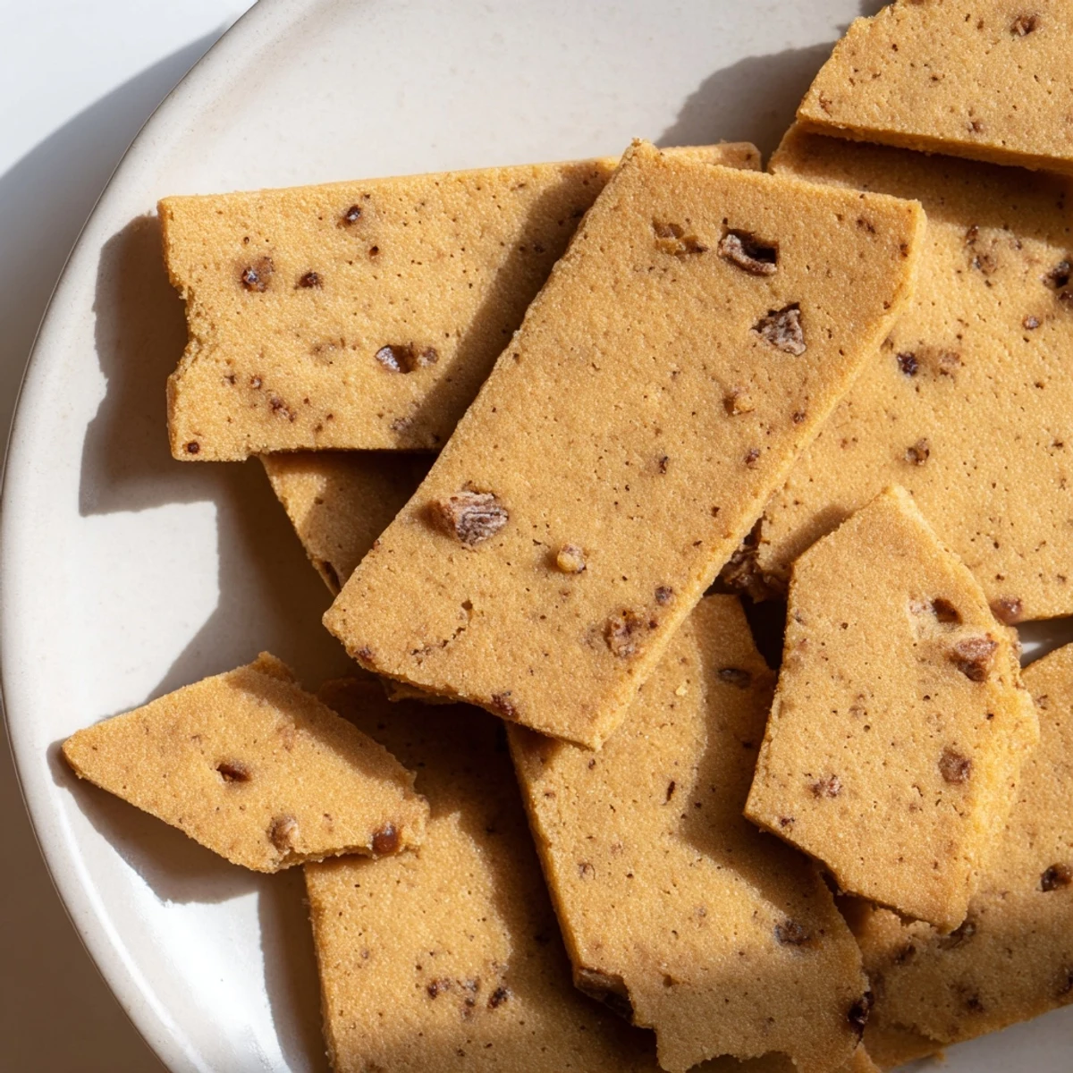 Rich espresso shortbread cookies dotted with golden toffee chunks stacked on a ceramic plate