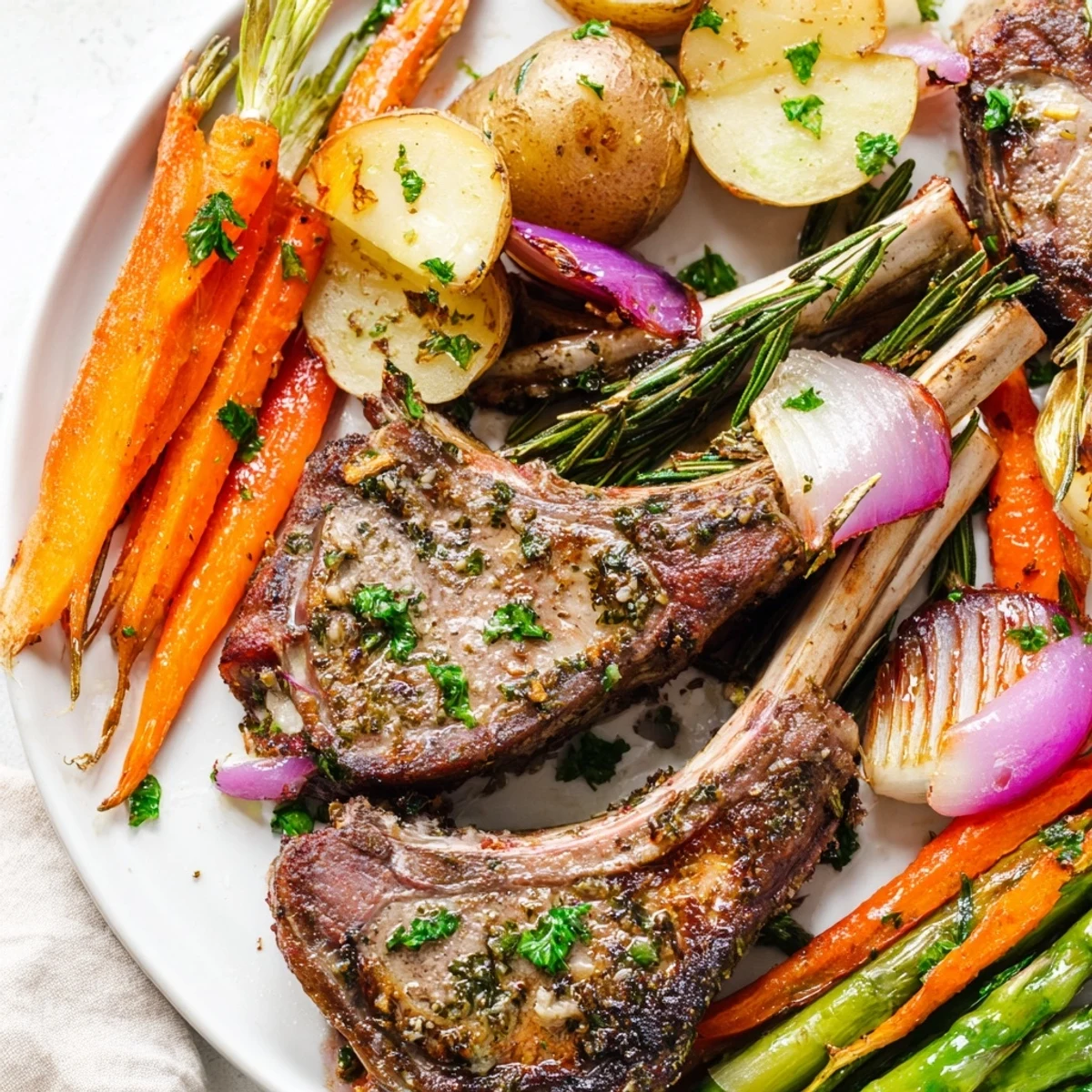 Golden herb-crusted lamb chops nestled beside roasted vegetables on this Easter sheet pan dinner