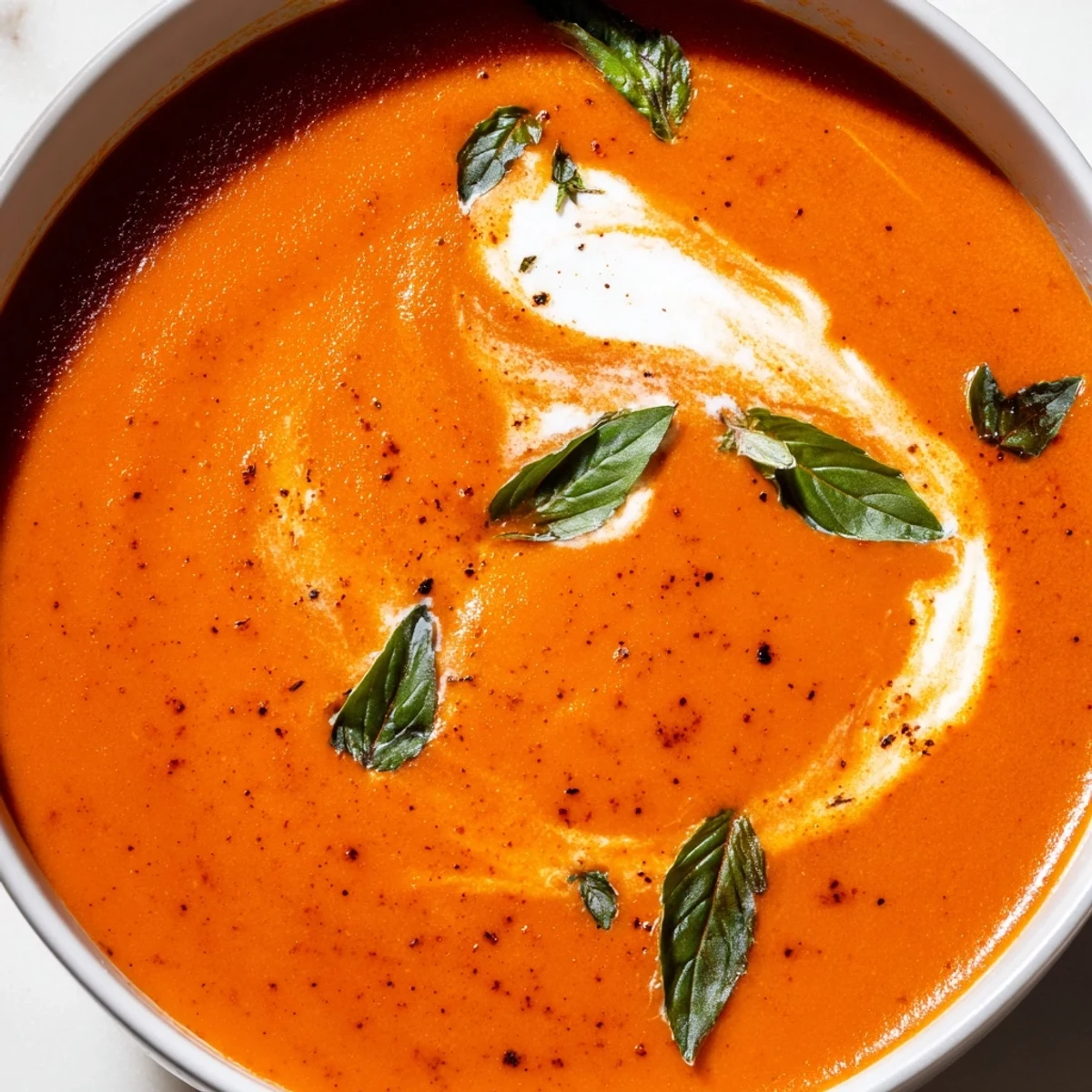 Creamy fire roasted tomato soup in a rustic bowl with fresh basil garnish