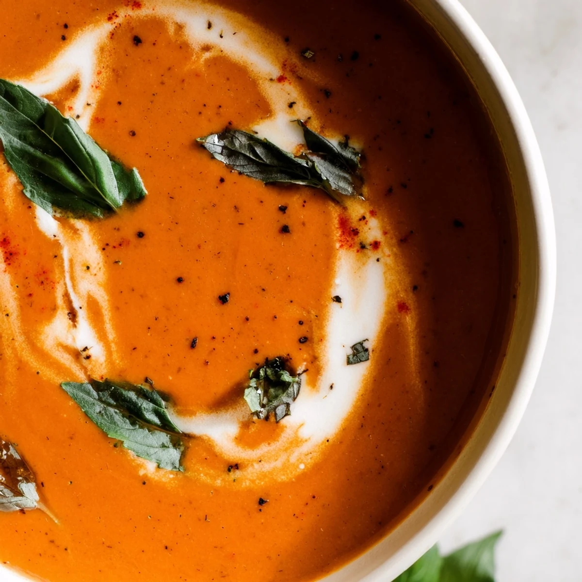 Velvety red fire roasted tomato soup topped with a drizzle of cream and herbs