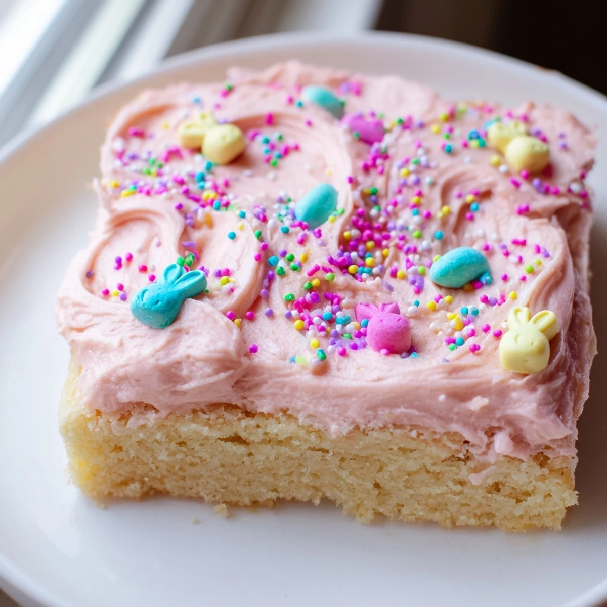 Soft Easter sugar cookie bars with swirled pastel frosting and colorful sprinkles