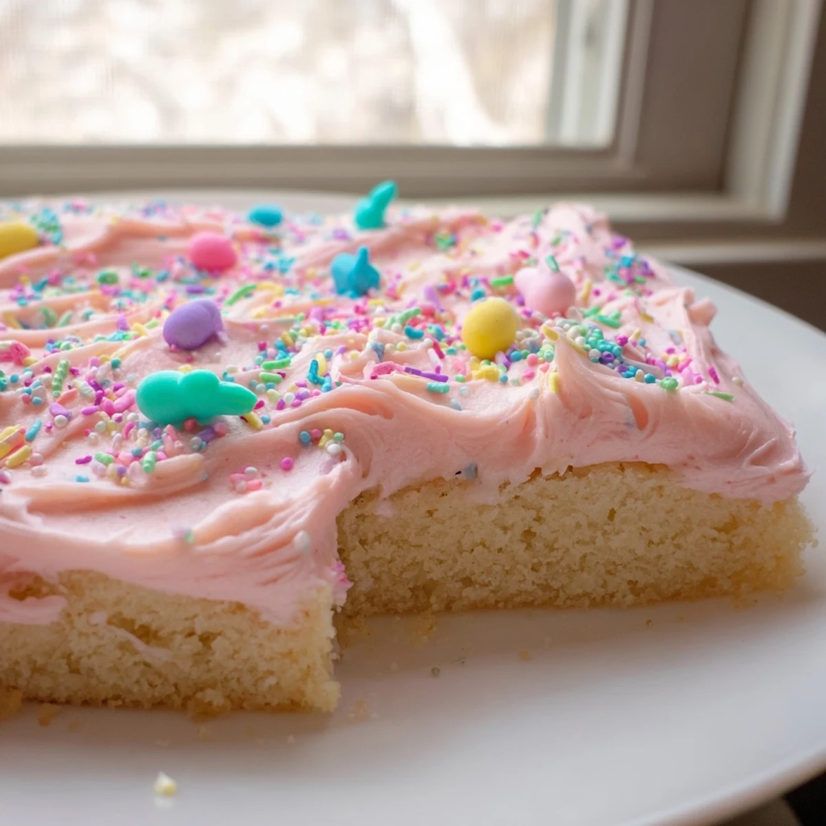 Thick frosted Easter sugar cookie bars cut into squares on a rustic baking sheet