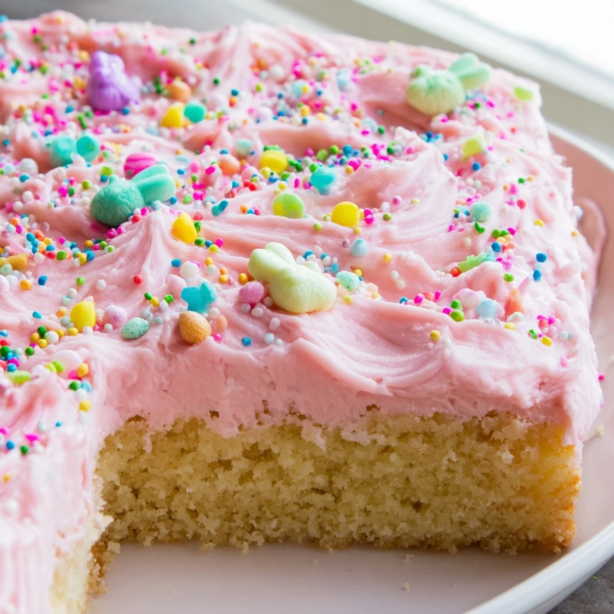 Creamy pastel frosting tops these tender Easter sugar cookie bars studded with festive sprinkles