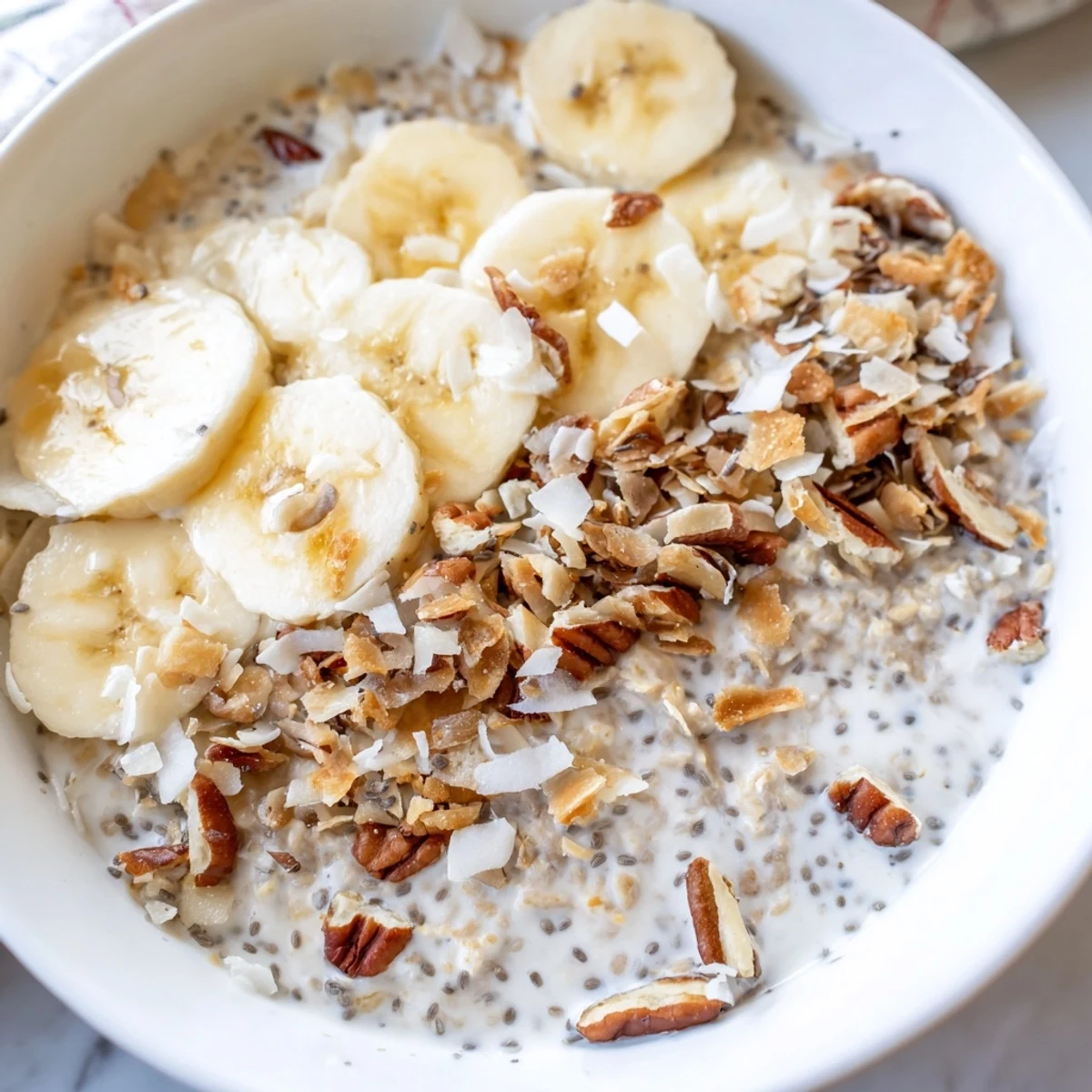 Creamy coconut cream pie overnight oats served in a mason jar with toasted coconut flakes on top