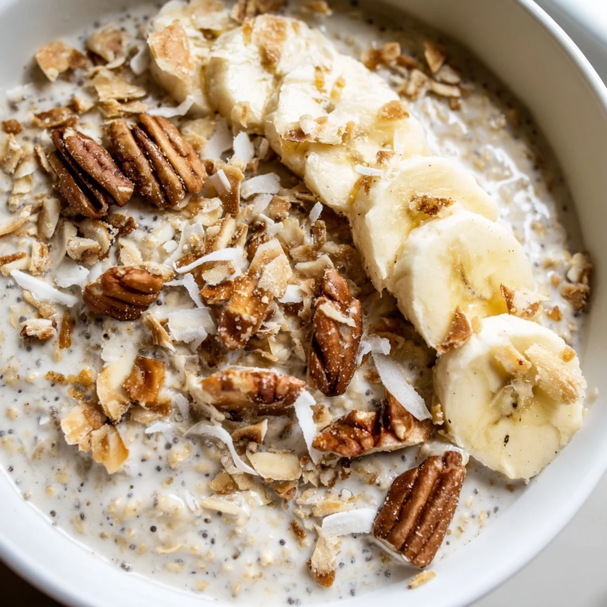 Coconut cream pie overnight oats topped with crunchy pecans and fresh banana slices