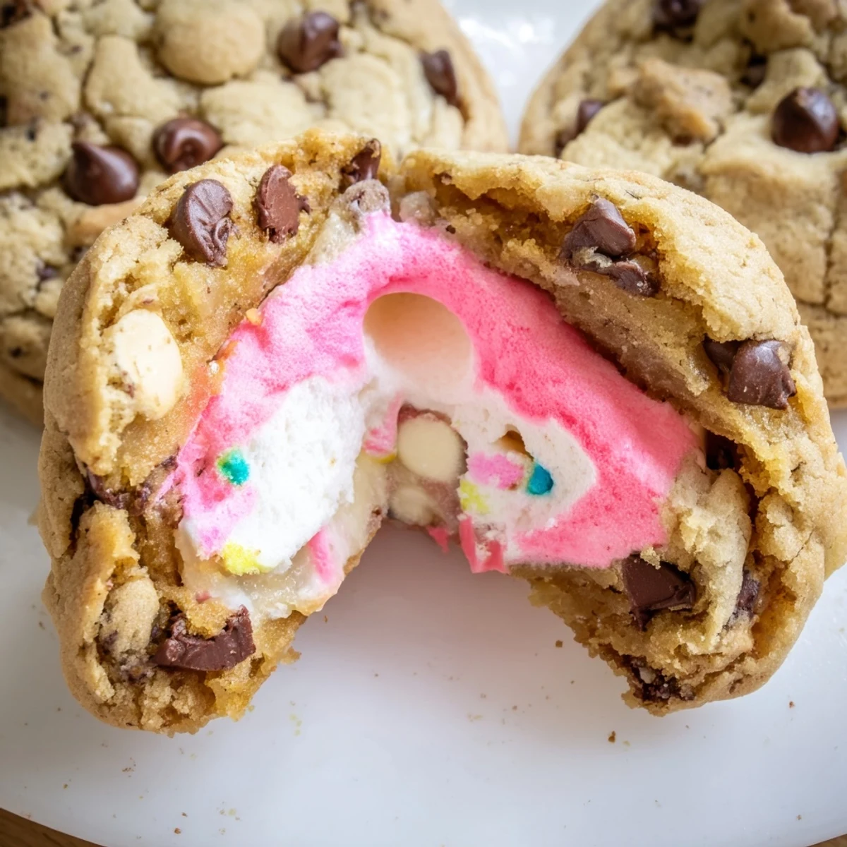 Chocolate Chip Peep Stuffed Easter Cookies with gooey marshmallow center on rustic baking sheet