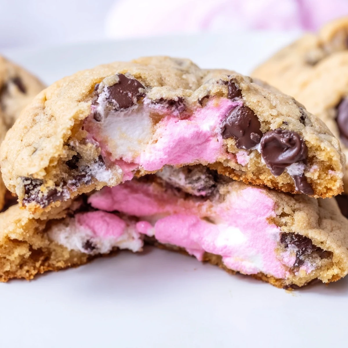 Golden Chocolate Chip Peep Stuffed Easter Cookies cooling on wire rack with melty centers
