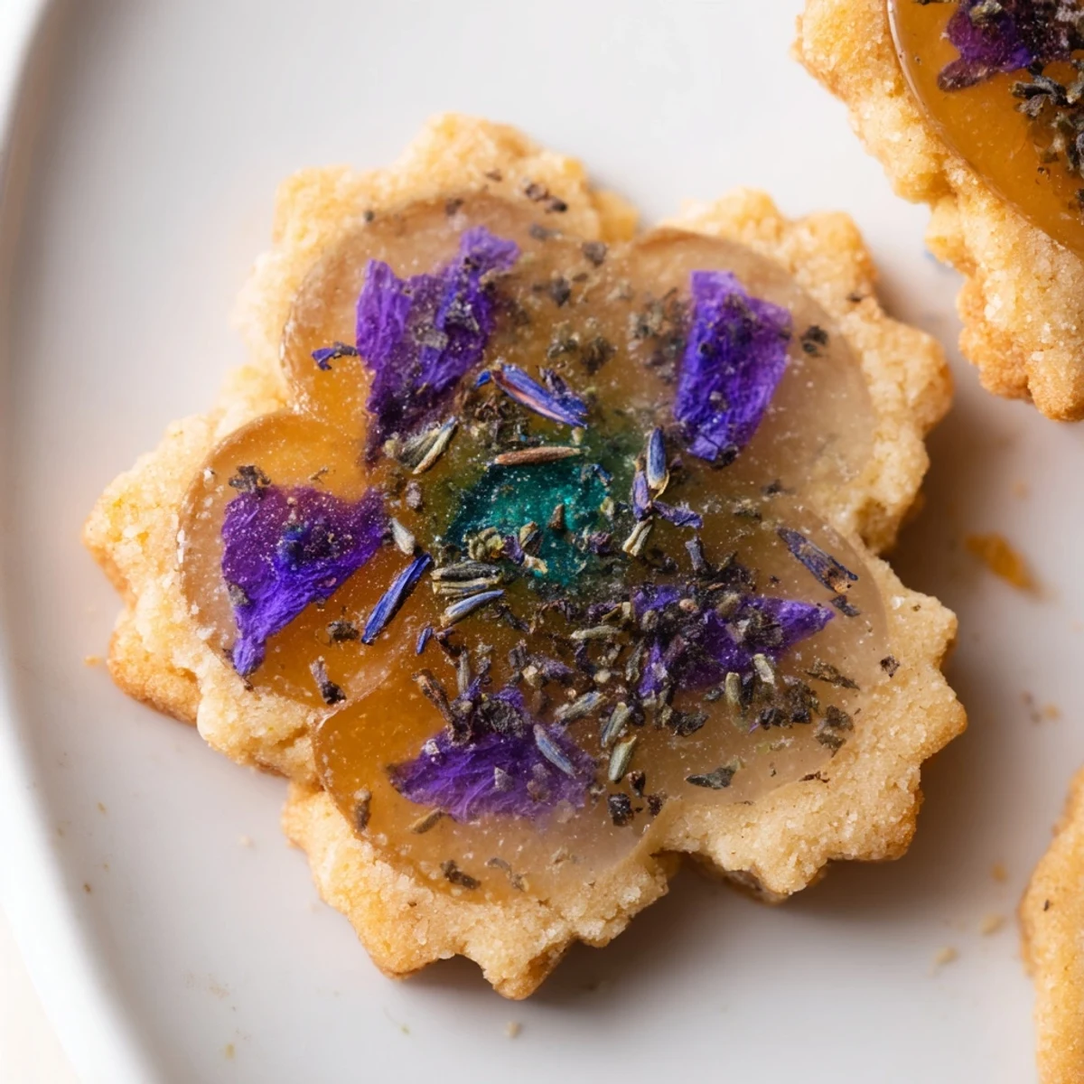 Glistening translucent candy centers and pressed edible flowers adorn these vegan gluten free Earl Grey stained glass cookies