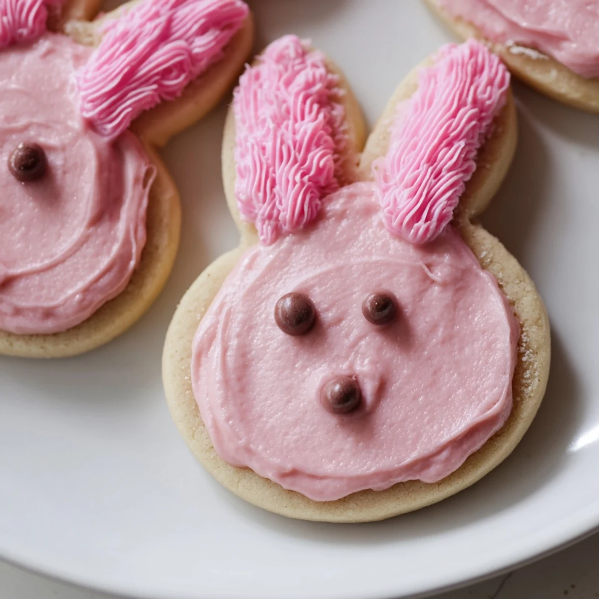 Adorable Buttercream Bunny Cookies with swirled pastel frosting on a rustic white serving tray