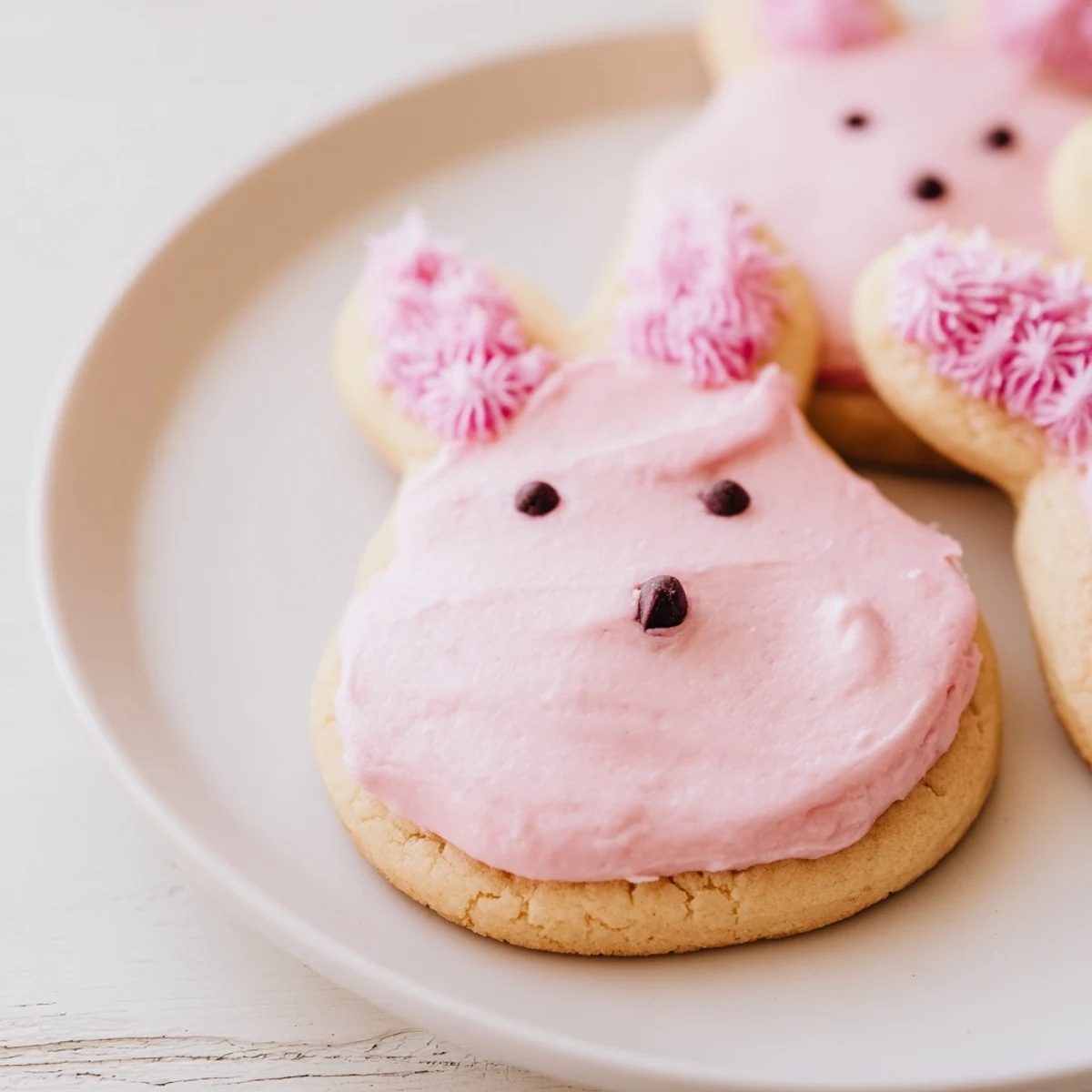 Golden bunny-shaped sugar cookies decorated with creamy buttercream frosting and sweet candy eyes