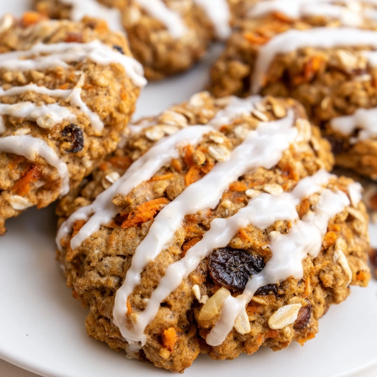 Soft carrot cake cookies with creamy vanilla drizzle on rustic wooden surface