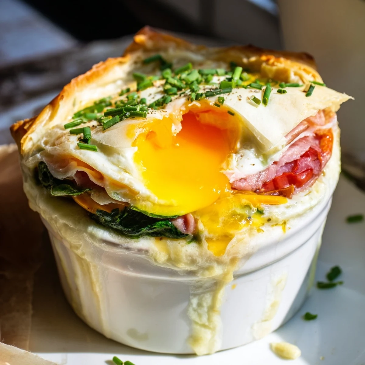 Golden baked eggs Napoleon with creamy cheese sauce, spinach, and ham in ramekin