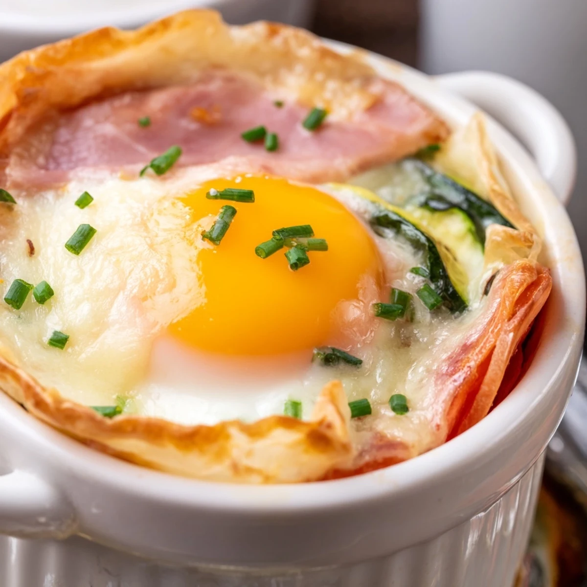Layers of vegetables, ham, and runny egg top this baked eggs Napoleon brunch