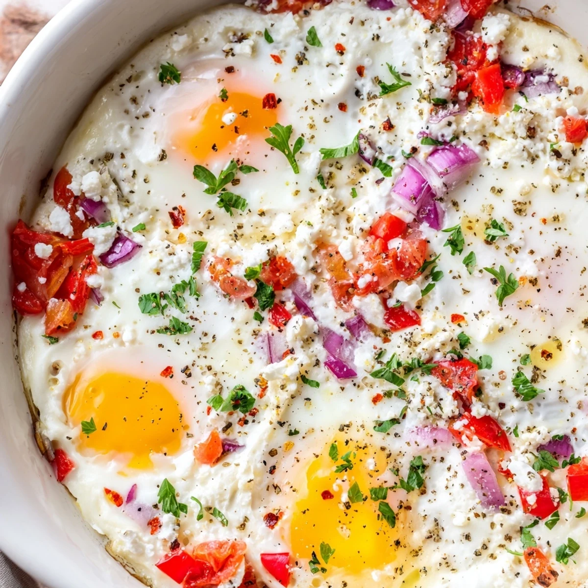 Creamy baked feta eggs with vibrant tomatoes and herbs in a rustic skillet