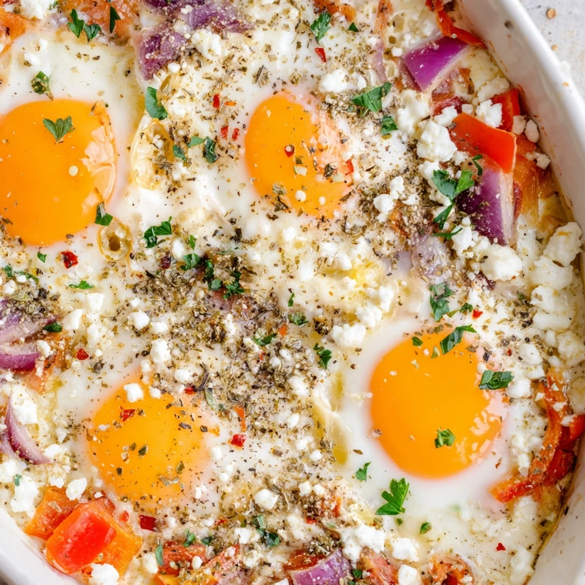 Golden egg yolks rest atop Mediterranean baked feta eggs with roasted vegetables