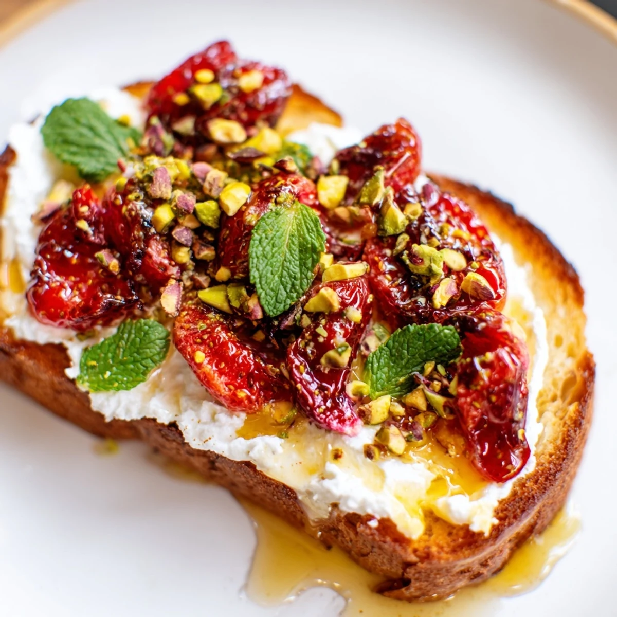 Golden sourdough toast piled high with roasted strawberry whipped ricotta toast and fresh mint